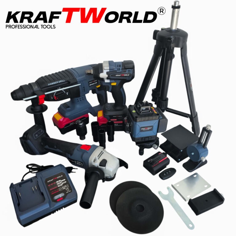 Cordless Set – 5in1 Laser Level, Wrench – Screwdriver, Hammer Drill, Angle Grinder KraftWorld
