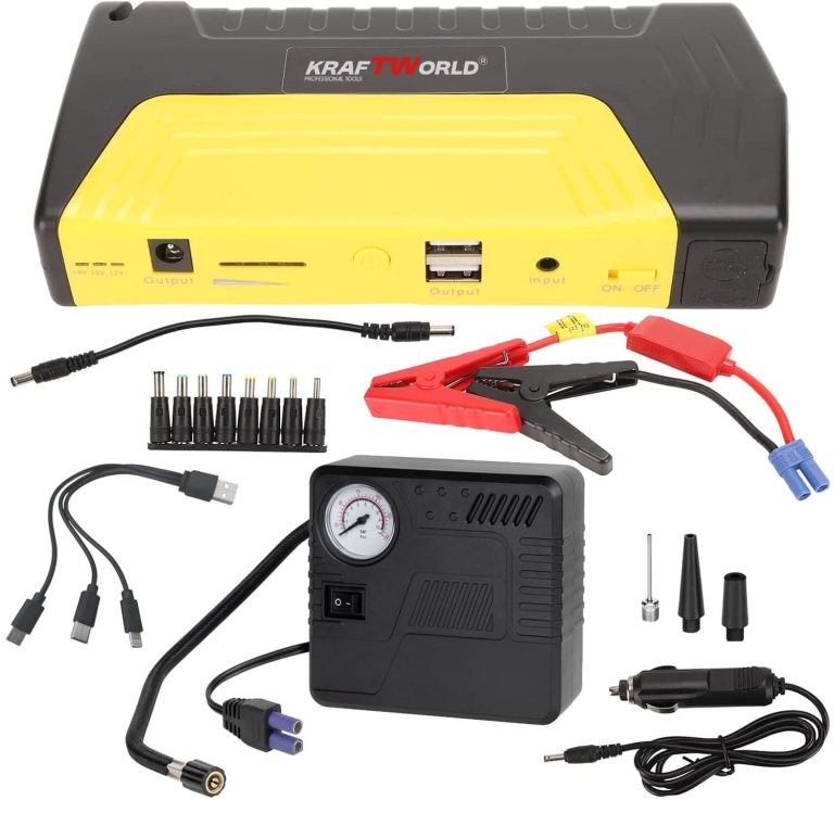 Car jump starter with compressor, flashlight and emergency tools 12V, 600A, USB