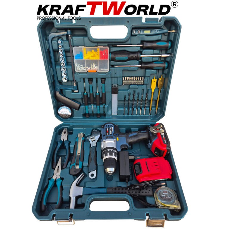 Cordless Brushless Impact Screwdriver KraftWorld 36V with 2 Batteries 8A and 111 parts Tool Set in Suitcase