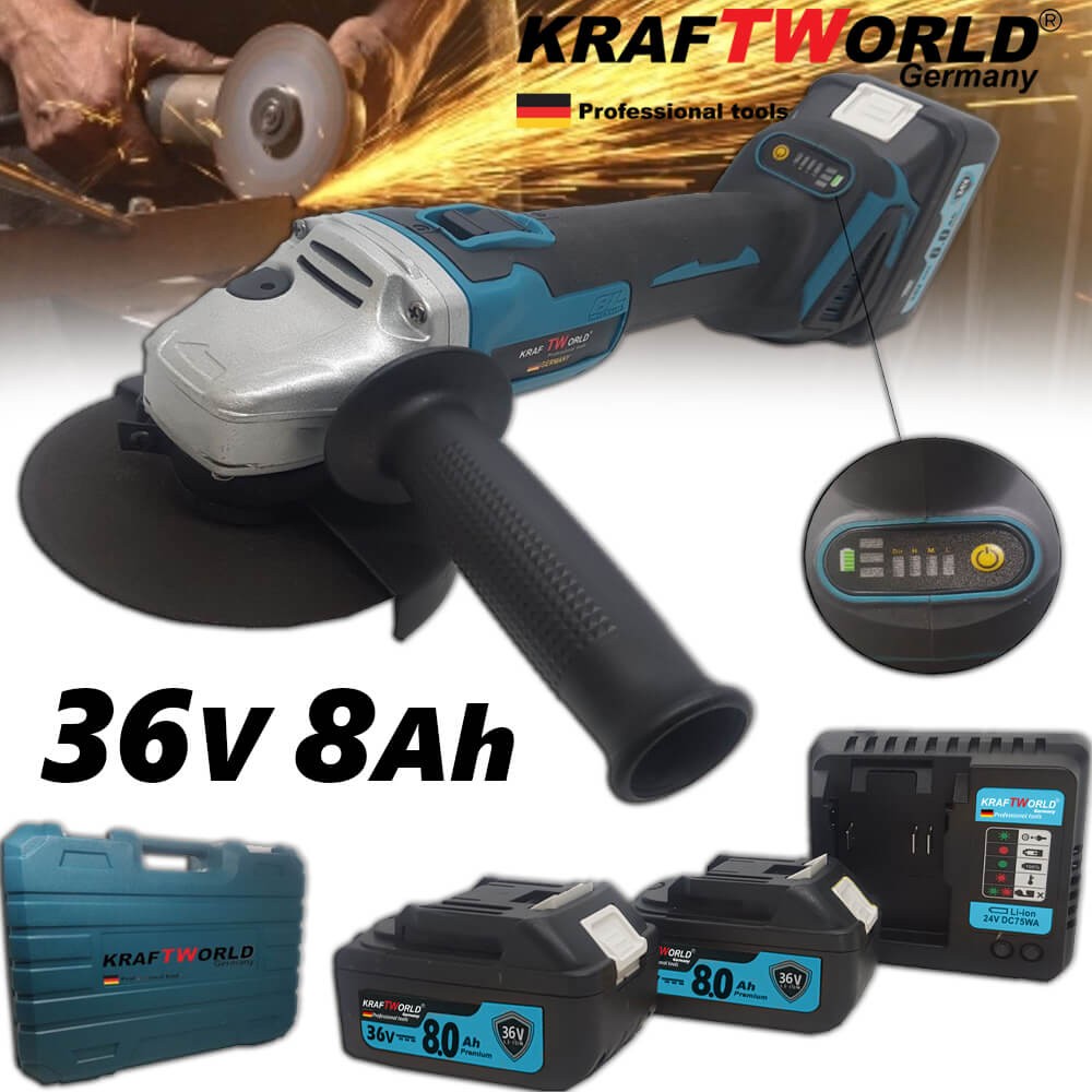 Brushless Angle Grinder KraftWorld 36V 8Ah 125mm with 2 batteries and case