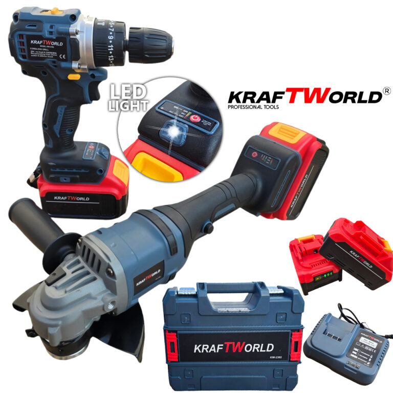 Angle grinder and screwdriver set with two batteries and a convenient case